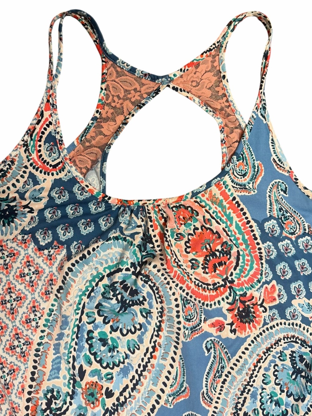 In Bloom by Jonquil Dakota Paisley Lace Racerback Lounge Tank L Blue Coral Boho - Picture 5 of 8